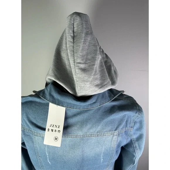 JZNZ Womens Medium Lightwashed Denim Jean Jacket Detachable Hood Distressed Blue - Picture 4 of 7